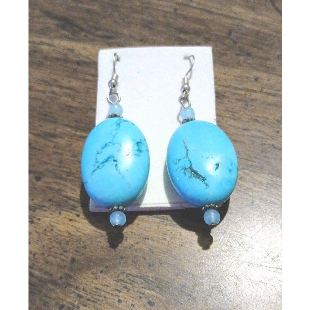 turquoise earrings Silver Tone Heavier Stone Glass Beads